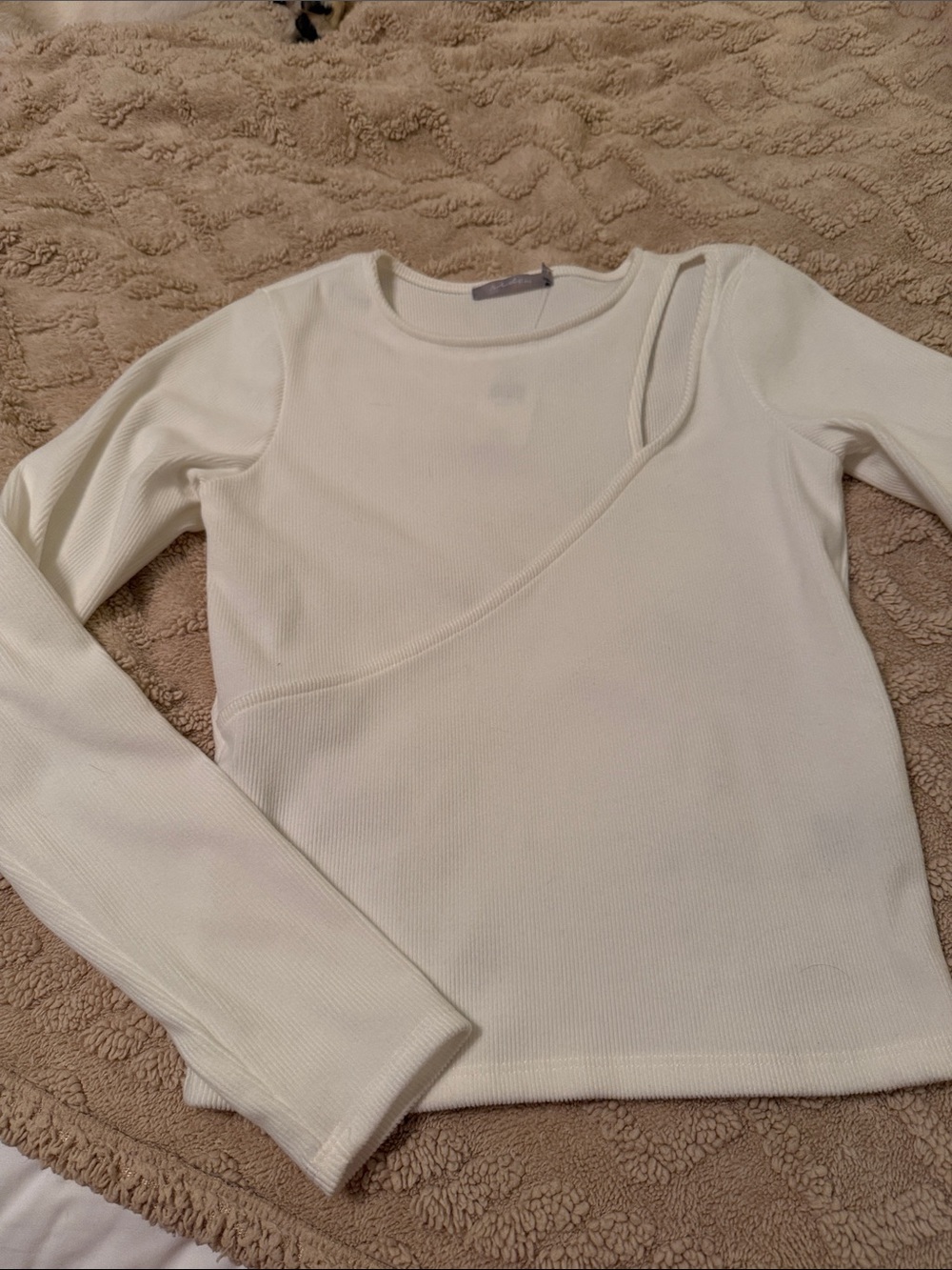 Ribbed Asymmetric Seam Long Sleeve Top - Cream